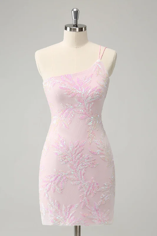 Lightweight Fabric Sparkly Pink Bodycon One Shoulder Short Homecoming Dress with Sequins