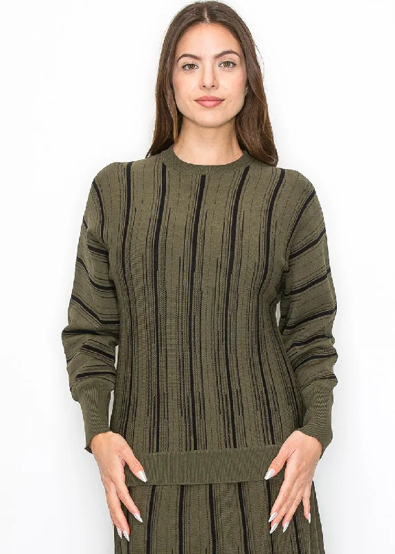 Comfortable Clothes Olive Knit Sweater with Vertical Stripes