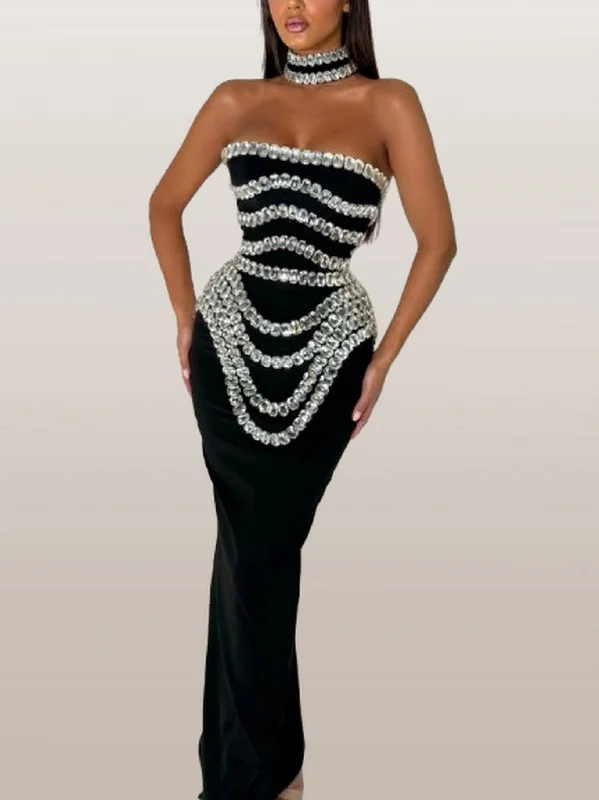 Spring Fling Sale Embellished Black Strapless Stretch Bodycon Maxi Dress