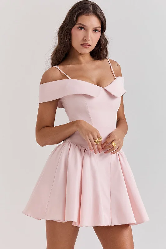 Women's Urban Fashion Elegant Spaghetti Strap Off Shoulder Drop Waist Fit & Flare Party Mini Dress - Pink