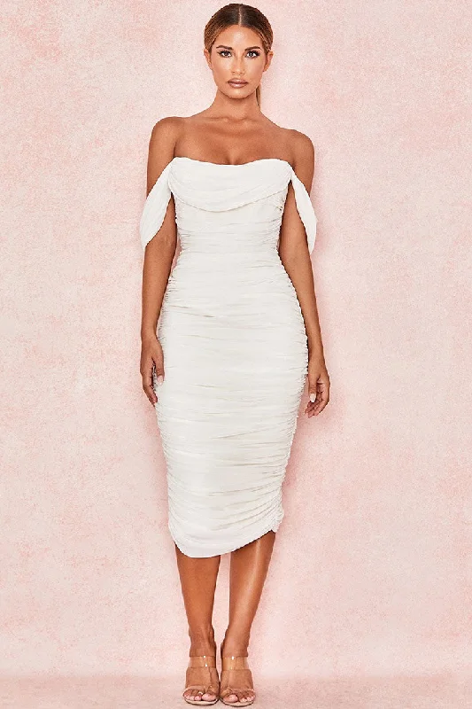 Chic Wardrobe Essentials Off Shoulder Ruched Bodycon Cocktail Party Dress - White