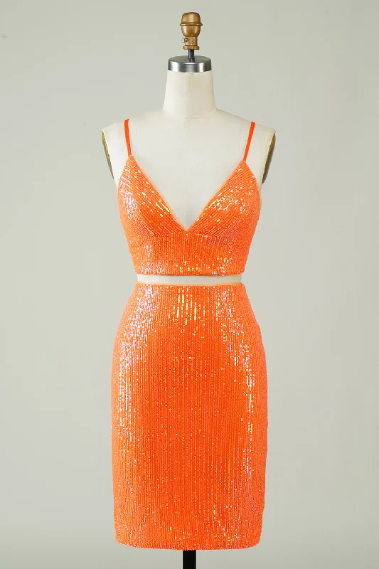 Rustic Countryside Charm Look Two Piece Orange Sequins Tight Homecoming Dress