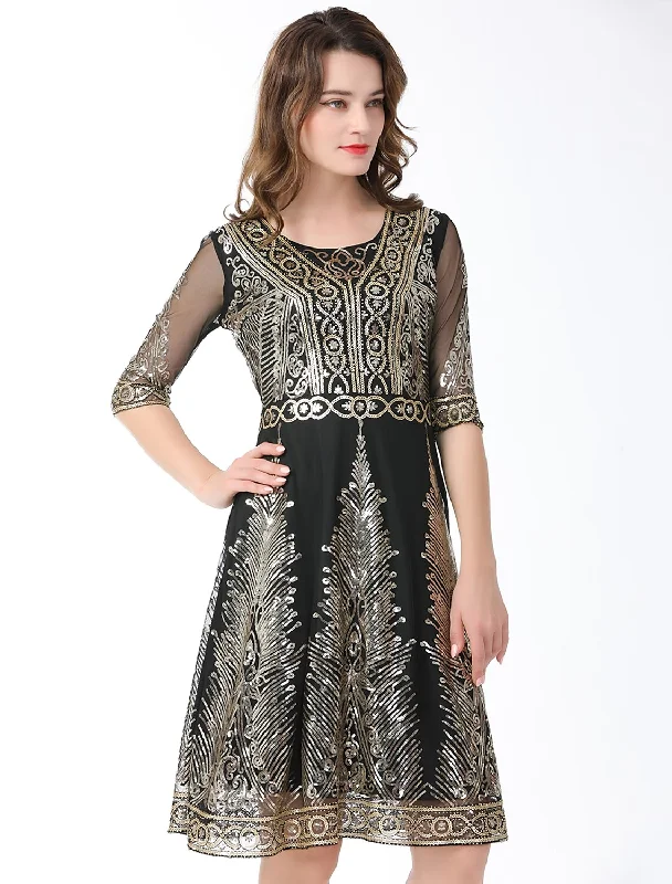 Fashion-Forward A-Line Elegant Vintage Holiday Party Wear Dress Jewel Neck Half Sleeve Knee Length Cotton Blend with Sequin Splicing