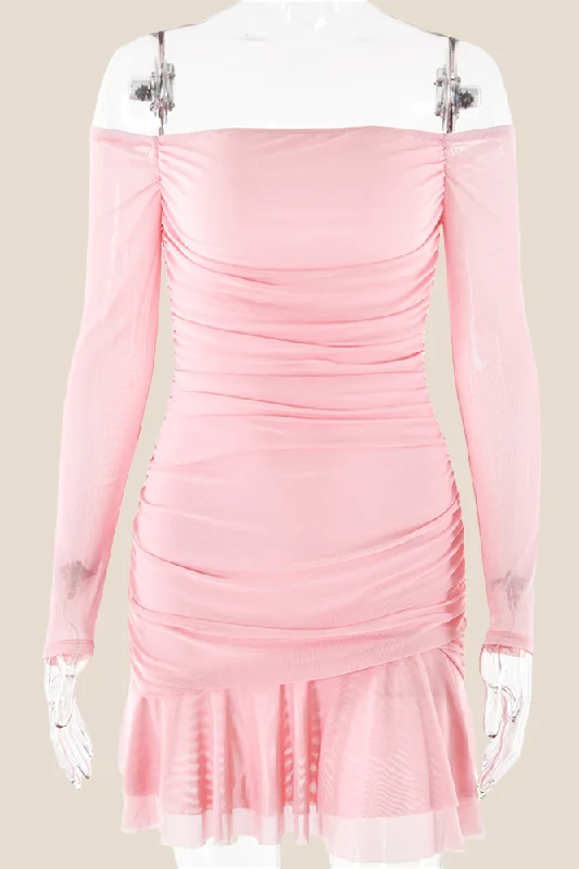 Flash Sales Off the Shoulder Pink Ruffle Hem Short Dress