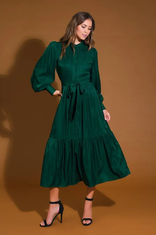 All Season Basics Discount DingJiDress November December Wedding Guest Dress Featuring Round Neckline Long Sleeve With Cuff Bodice Pleating Detail Self Sash Tie Button Down Ruffled Hemline Formal Party Dress