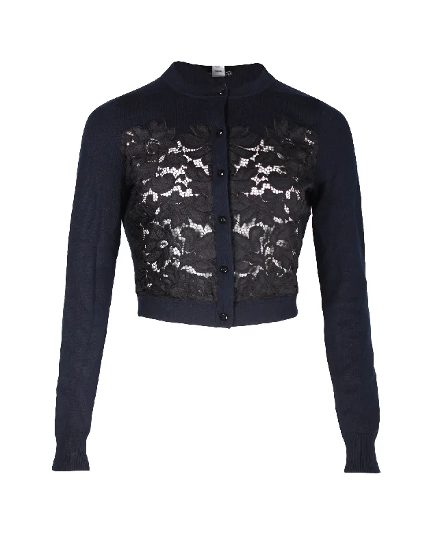 Score Big On Glamorous Red - Carpet Styles Diane Von Furstenberg Lace Pattern Crew Neck Cardigan in Navy Blue Wool