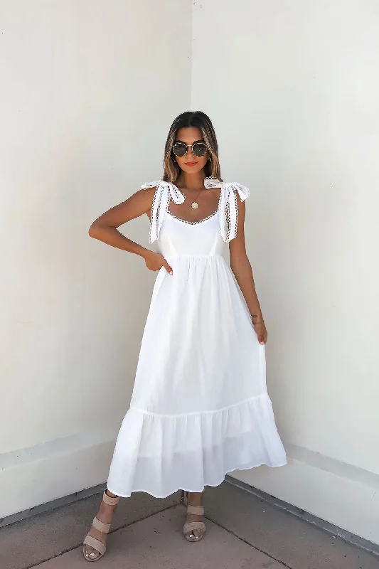 Coastal Beach - Inspired Style White Bow Tie Strap Tiered Maxi Dress