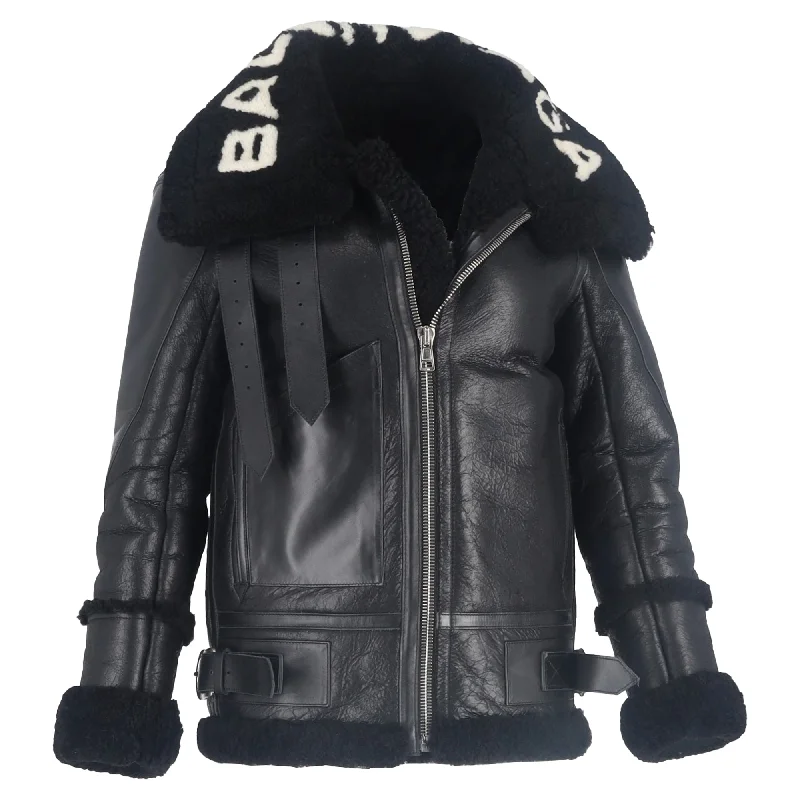 Chic Wardrobe Balenciaga Le Bombardier Oversized Shearling Jacket in Black Lamb Leather