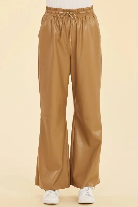 Bold Patterns Faux Leather Drawstring Pant In Camel