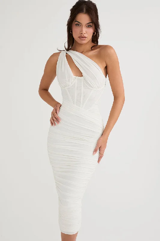 Evening Looks Sexy Cutout One Shoulder Ruched Bodycon Mesh Corset Midi Dress - White