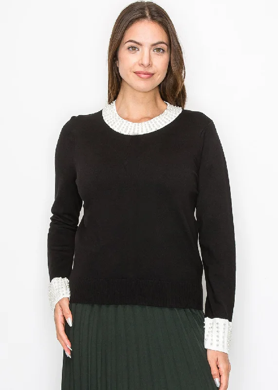 Graceful Fashion Pearl Accent Knit Sweater