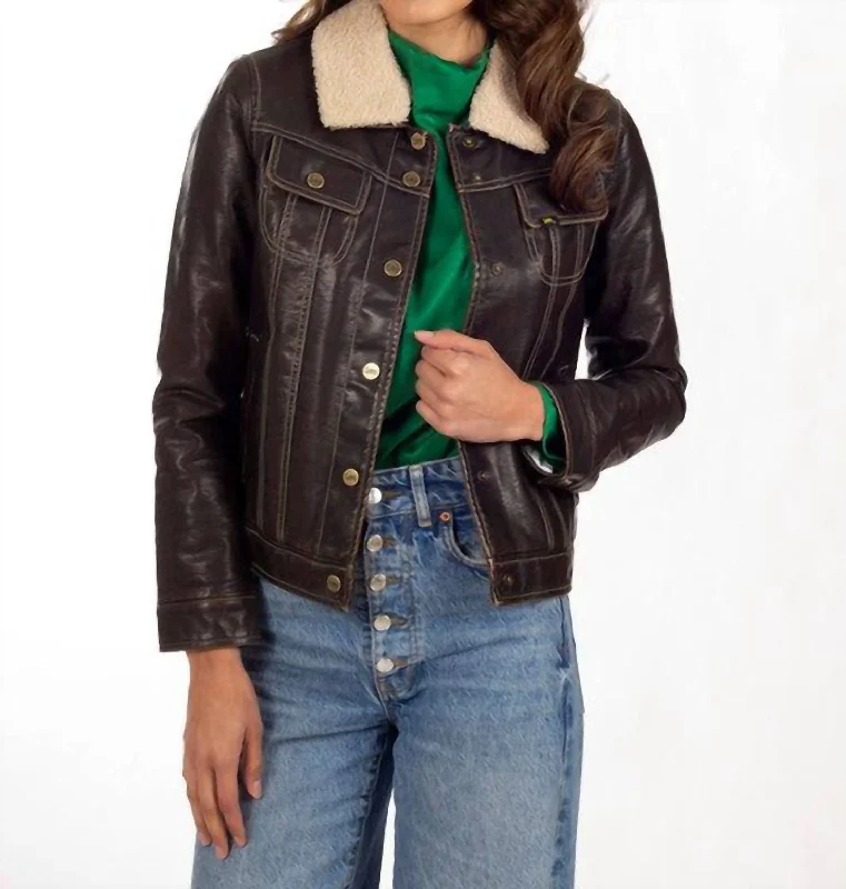 Casual Fashion Sherpa-Lined Faux-Leather Jacket In Brown