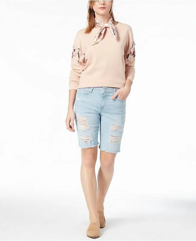 Stylish Statements The Finn Ripped Denim Raw Hem Bermuda Shorts In Blue