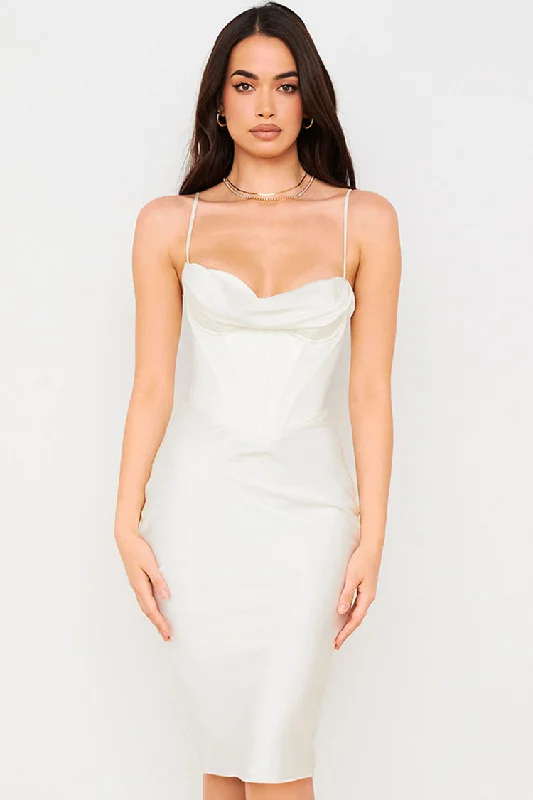 Fashion Sale Silky Cowl Neck Corset Satin Midi Cocktail Dress - White