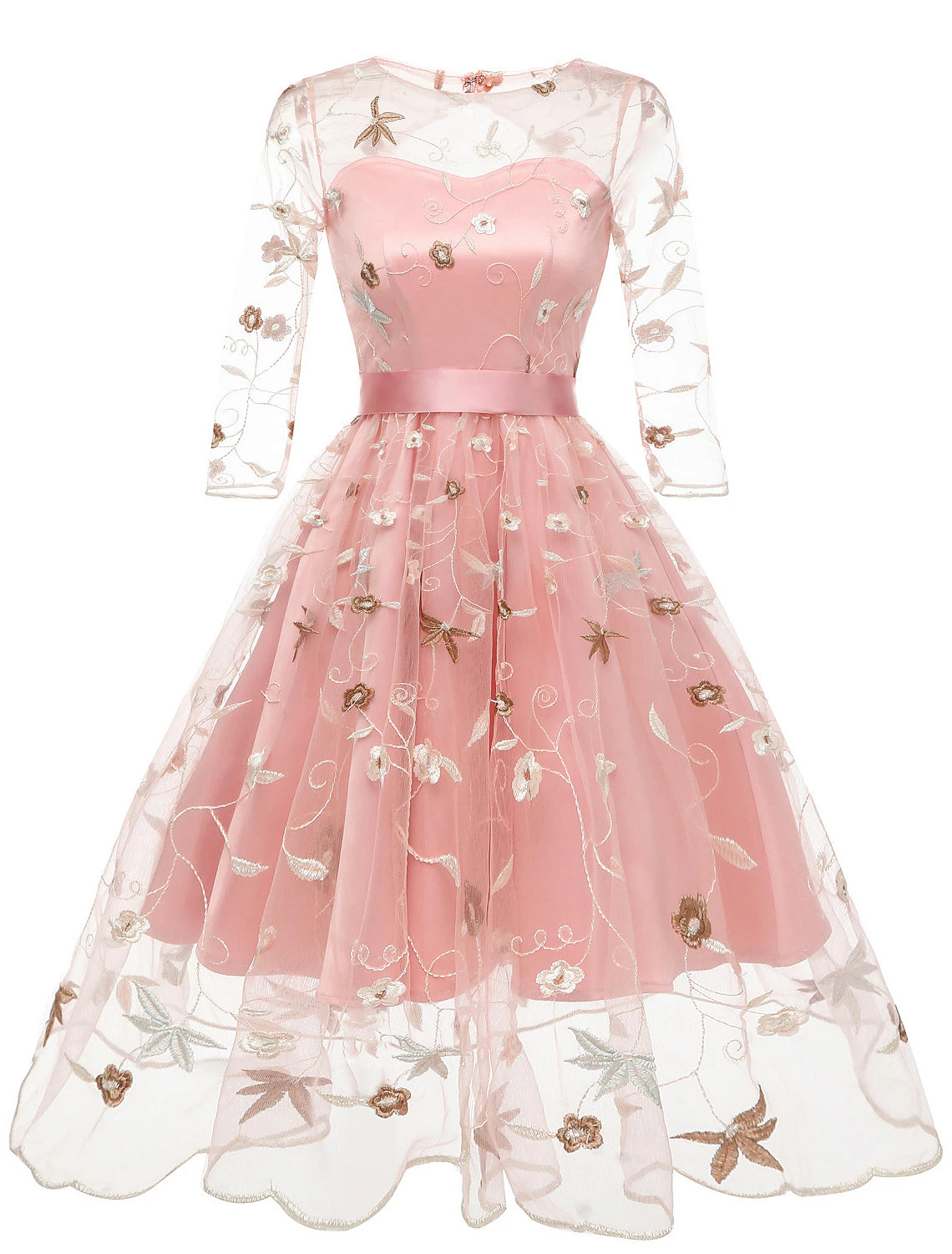 Feminine Grace A-Line Cocktail Dresses Floral Dress Homecoming Knee Length Half Sleeve Jewel Neck Tulle with Embroidery Appliques