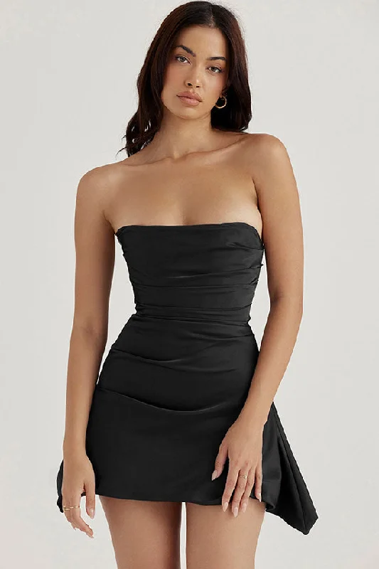 Fresh Styles, Fresh Deals Silky Satin Pleated Trim Corset Strapless Party Mini Dress - Black