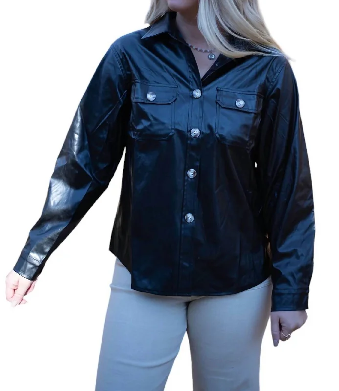 Fashion Essentials Faux Leather Oversized Shirt In Black