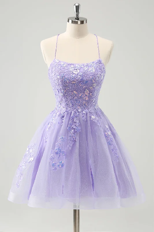 Playful Elegance Sparkly Lilac A Line Spaghetti Straps Sequin Short Homecoming Dress with Lace Up Back