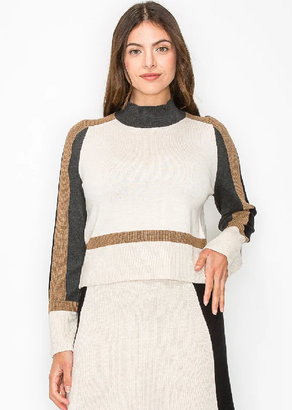 Timeless Elegance High Neck Cream and Brown Knit Sweater