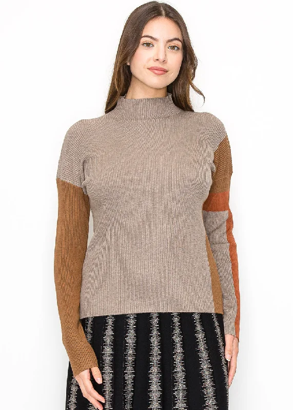 Current Trends Taupe Ribbed Sweater with Warm Accents