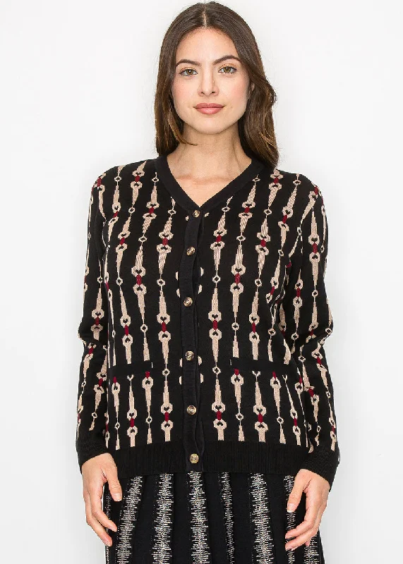 Classic Women's Fashion Black Cardigan with Bold Geometric Print