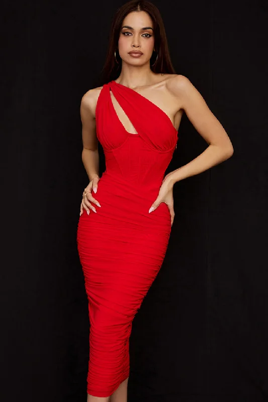 Casual Fashion Sexy Cutout One Shoulder Ruched Bodycon Mesh Corset Midi Dress - Red