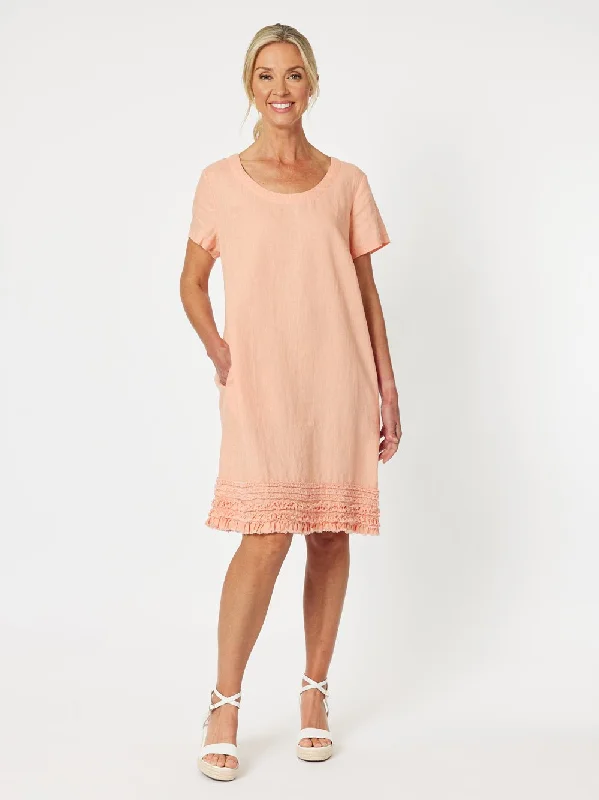 Cottagecore Rustic Charm Style Ruffle Hem Linen Dress Scoop Neck - Mandarine