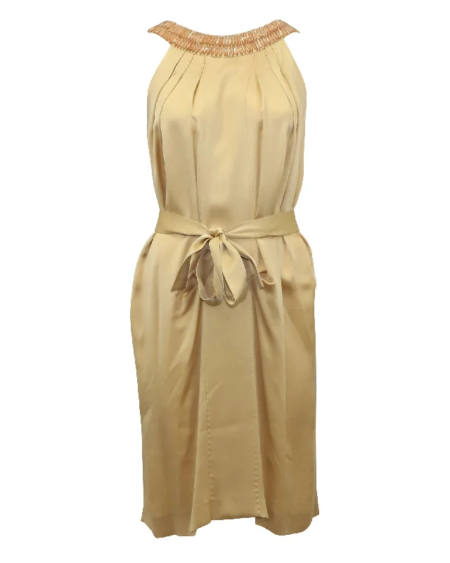 Budget Friendly Alberta Ferretti Embellished Neck Detail Belted Dress in Beige Silk