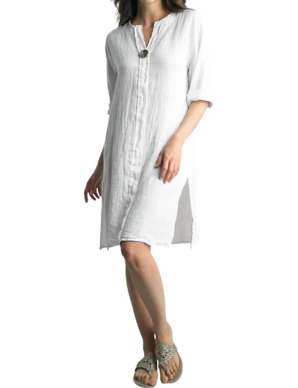 Luxe Women's Fashion Button Linen Dress In White