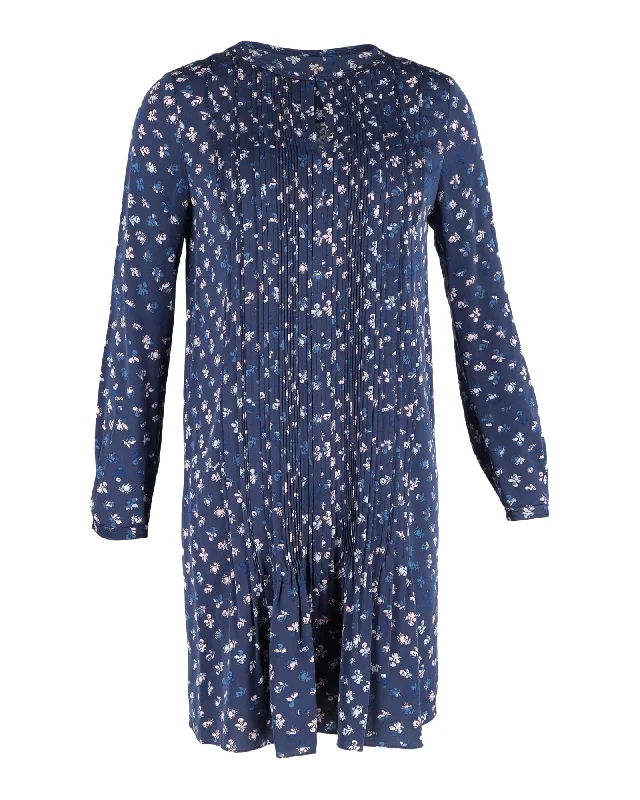 Fashion-Forward Diane Von Furstenberg Printed Pleated Long-Sleeve Dress in Navy Blue Silk