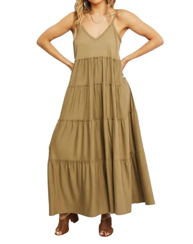 Street Style Fashion Full Size Spaghetti Strap Tiered Dress With Pockets In Khaki