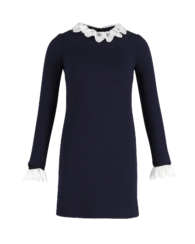 Limited Time Offers Victoria Beckham Broderie Anglaise-trimmed Mini Shift Dress in Navy Blue Wool